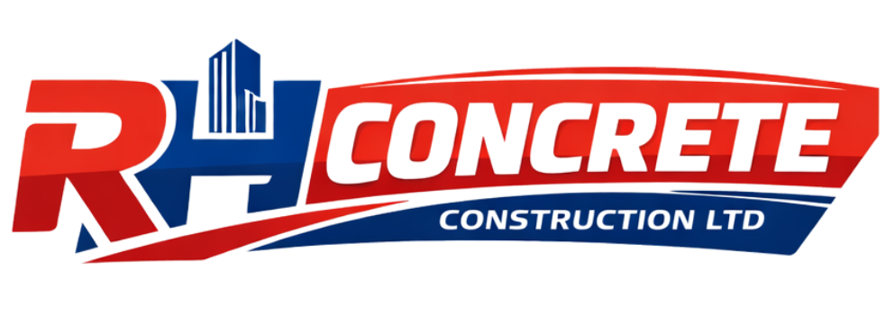 RH Concrete Construction Ltd logo featuring red and blue architectural design