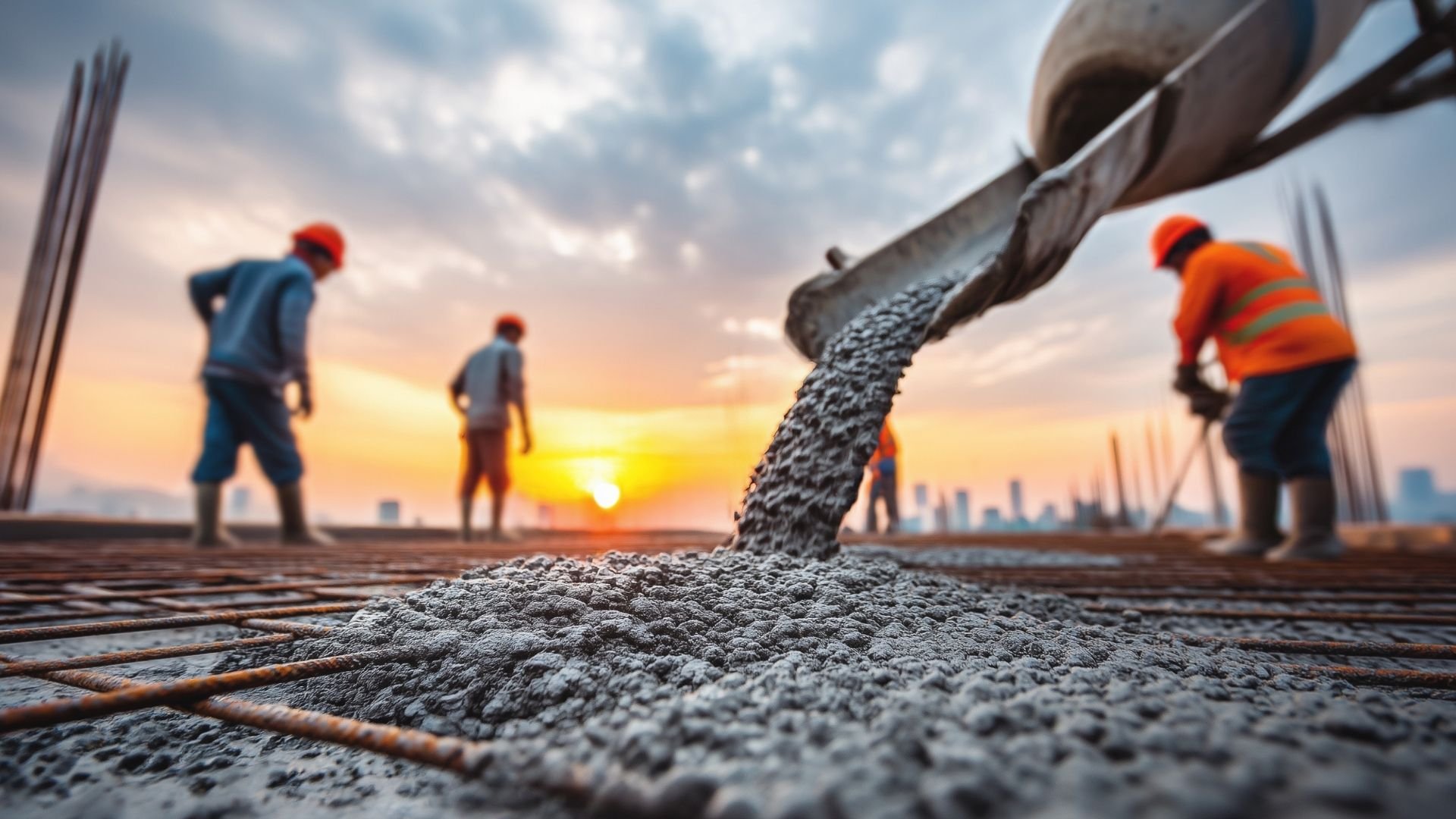Construction workers pouring concrete on site at sunset with city skyline in background.